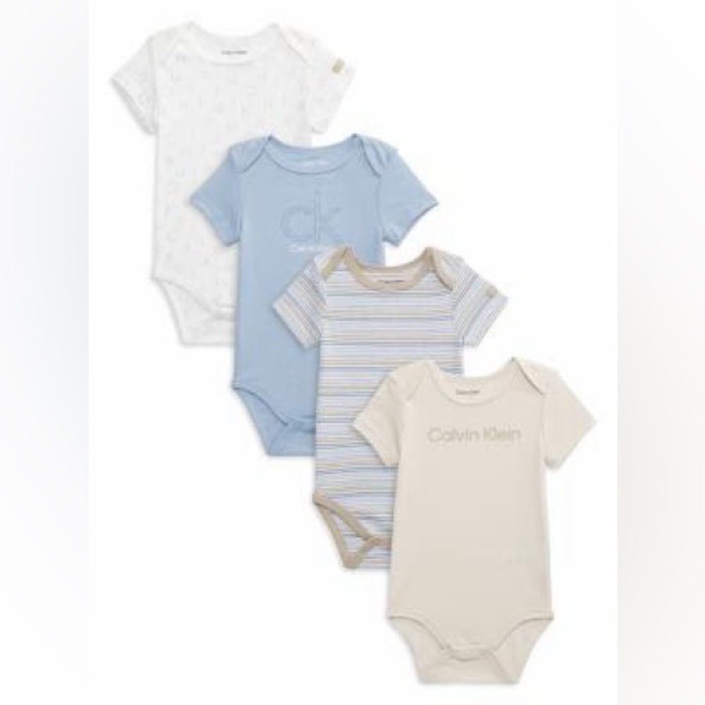 NWT CALVIN KLEIN
Baby Boy's 4-Pack Logo Bodysuit IN BLUE BEIGE MULTI